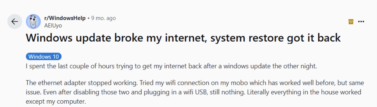 A Reddit user (AEIUyo) reported that they could no longer browse the Internet after installing updates with KB numbers, KB5042097 and KB5041580